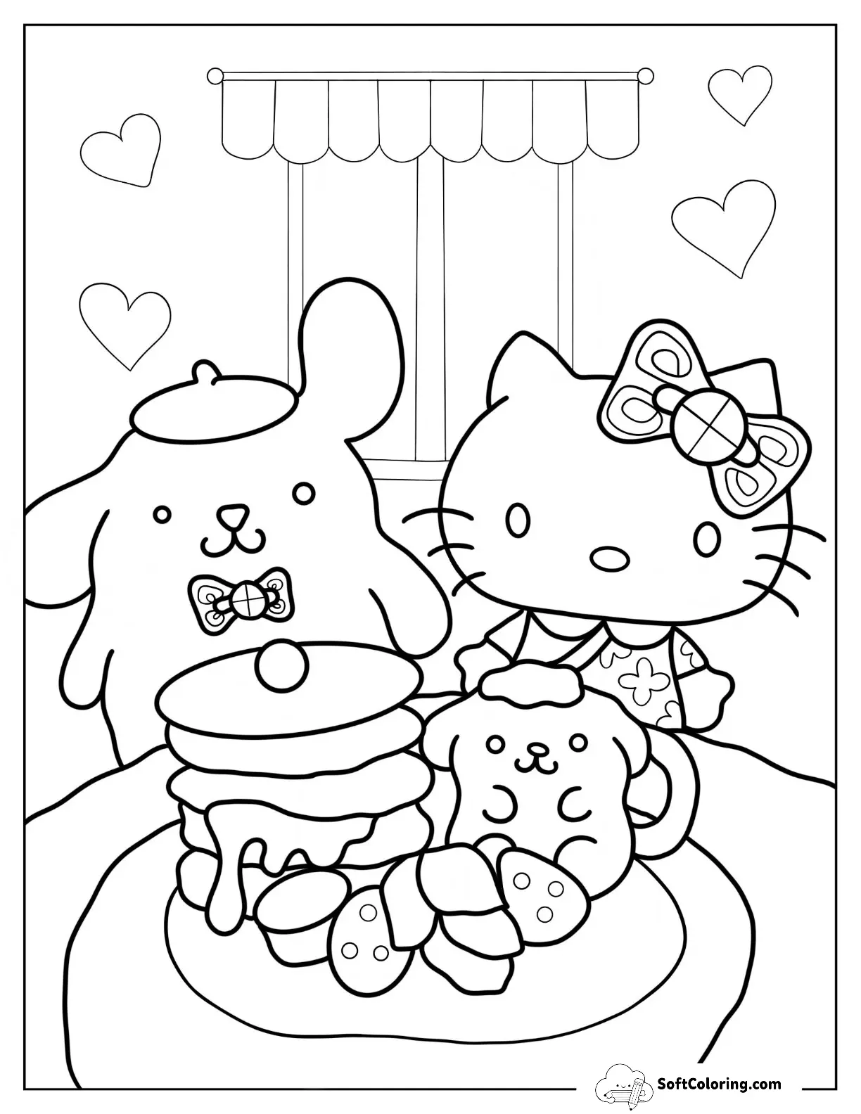 Pompompurin Eating Cake With Hello Kitty Coloring Sheet