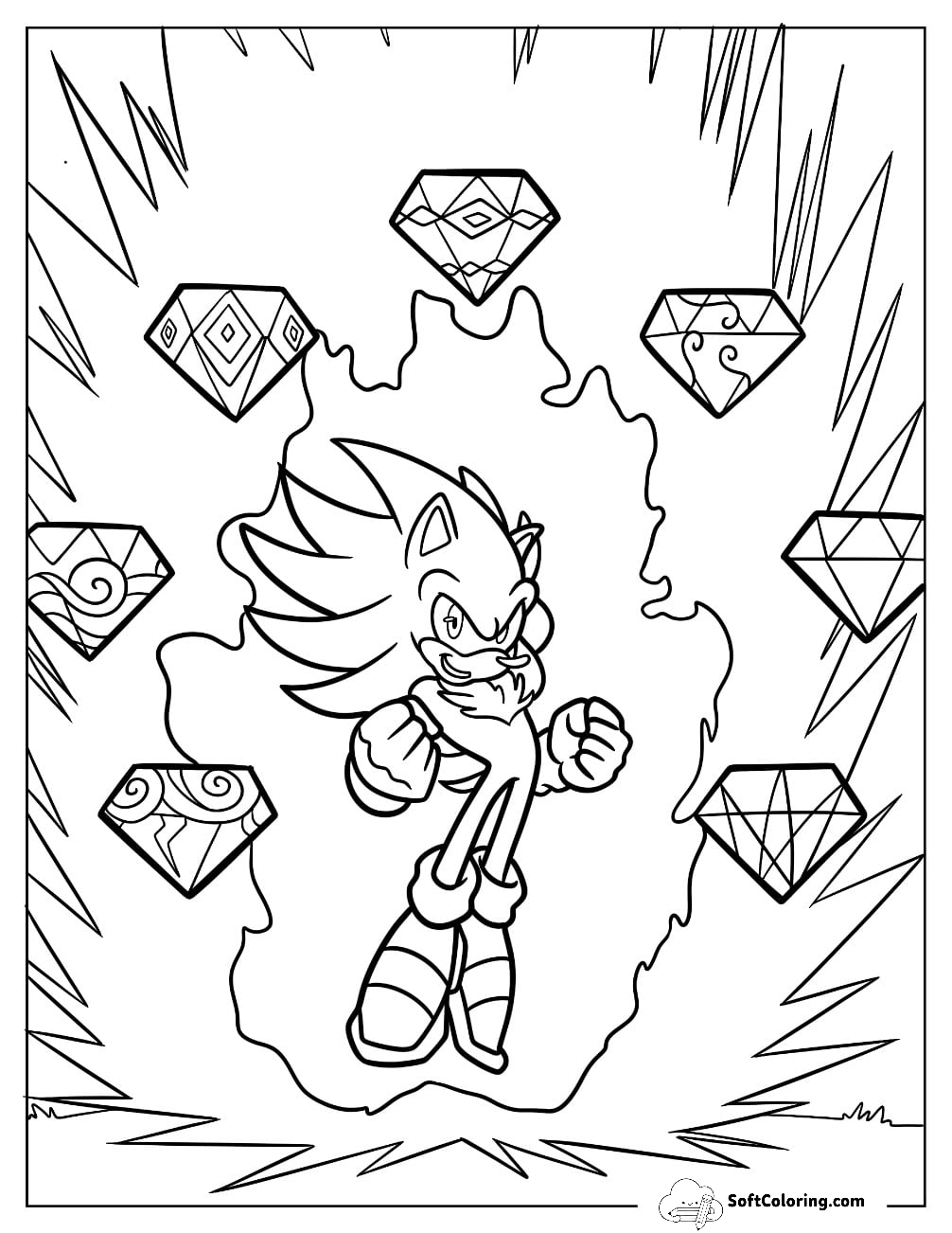 Powerful Hyper Sonic Coloring Page With Seven Chaos Emeralds