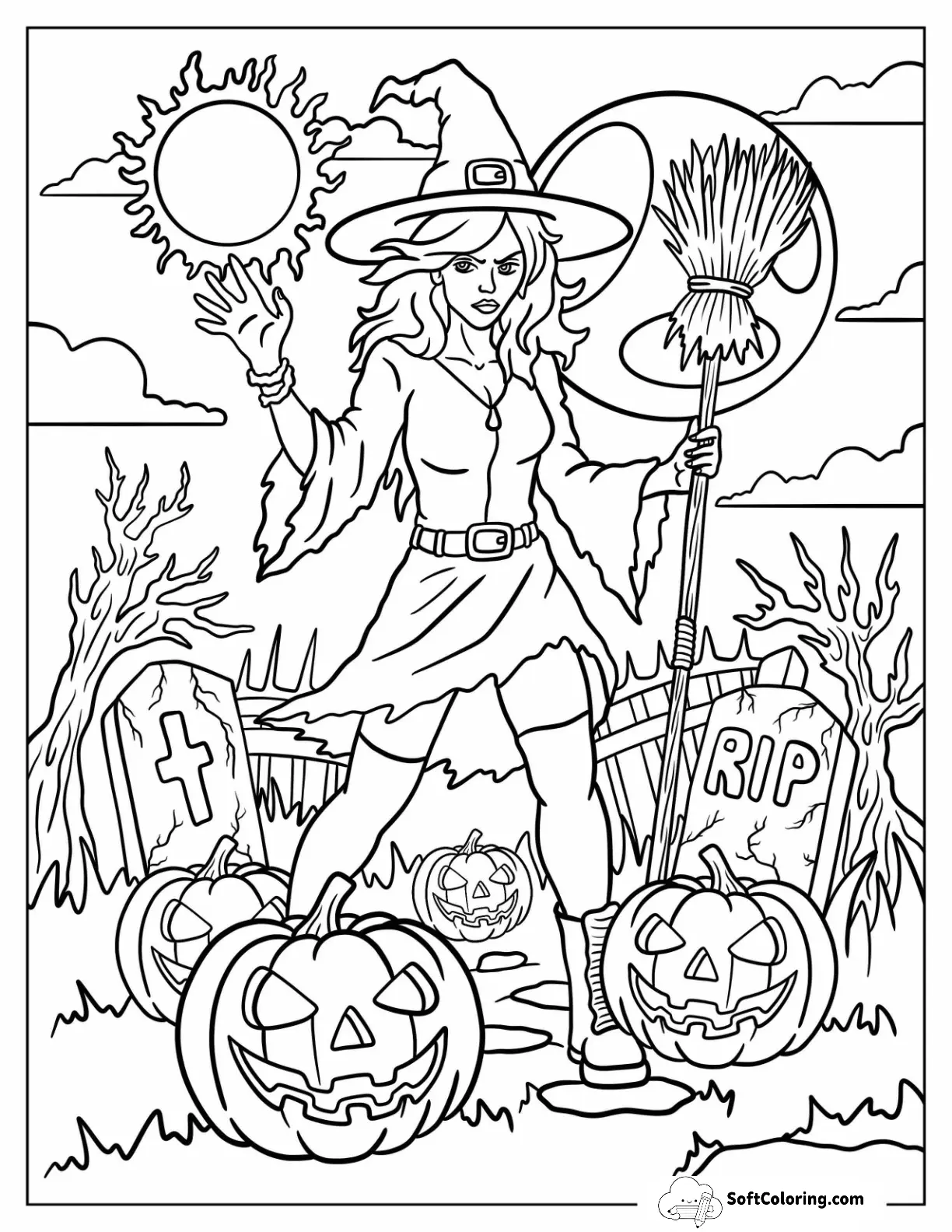 Powerful Witch Casting A Spell In A Pumpkin Filled Graveyard Halloween