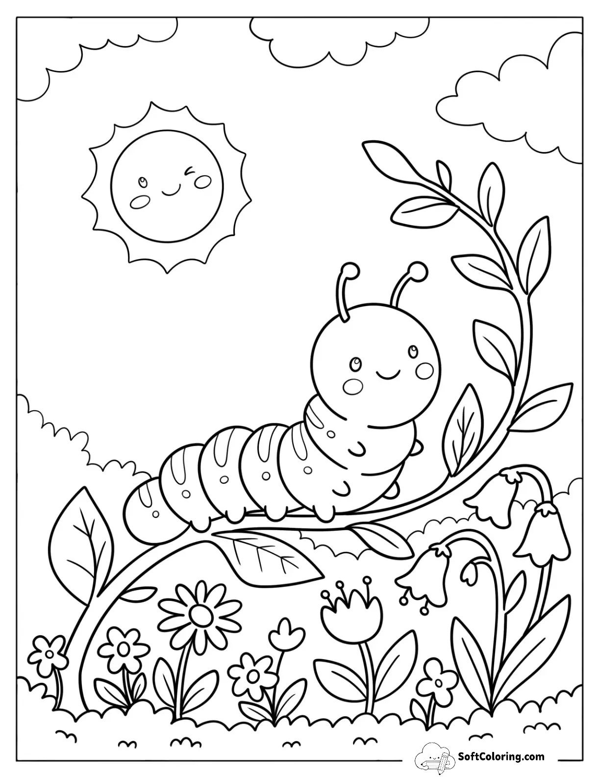 Pretty Caterpillar Coloring Page Crawling On A Tree Branch For Kids