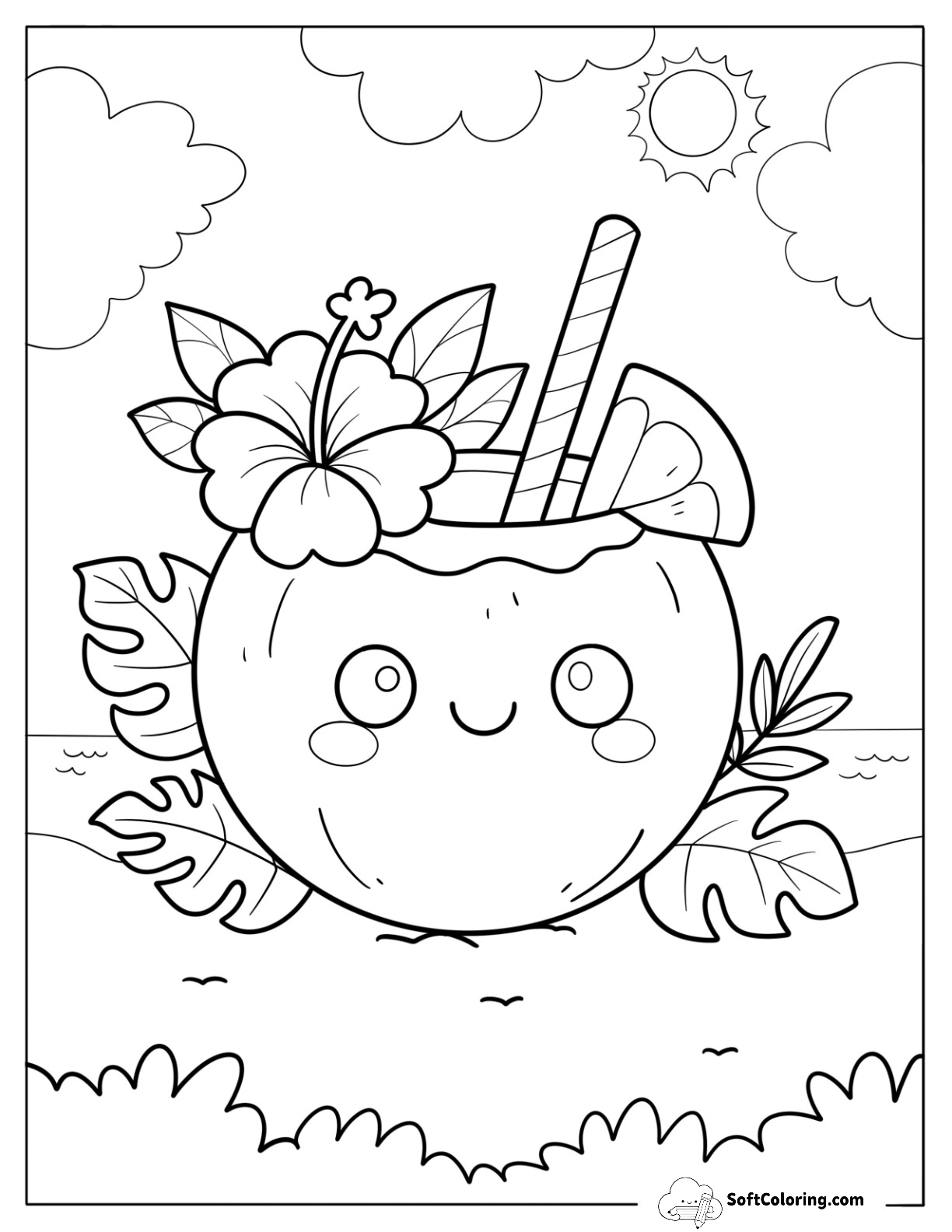 Pretty Coconut Drink With Smiling Face, Hibiscus Flower