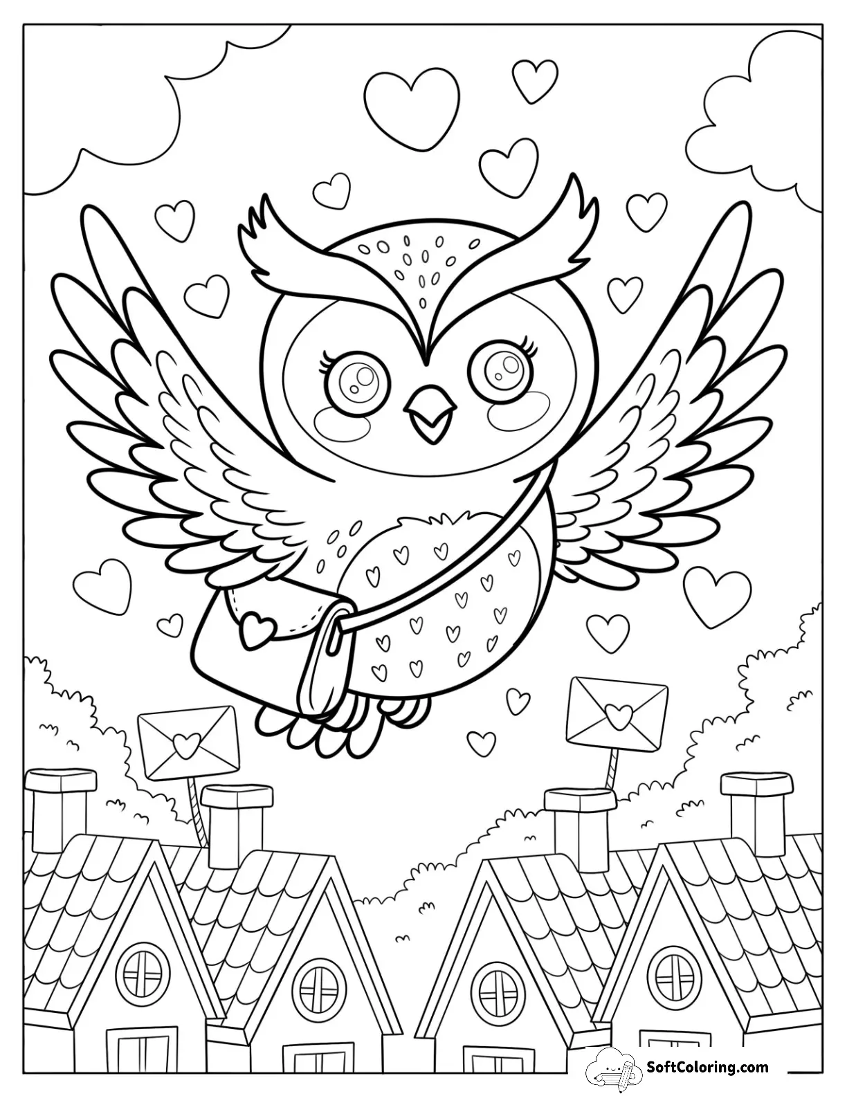 Pretty Messenger Owl Surrounded By Love Hearts In The Sky