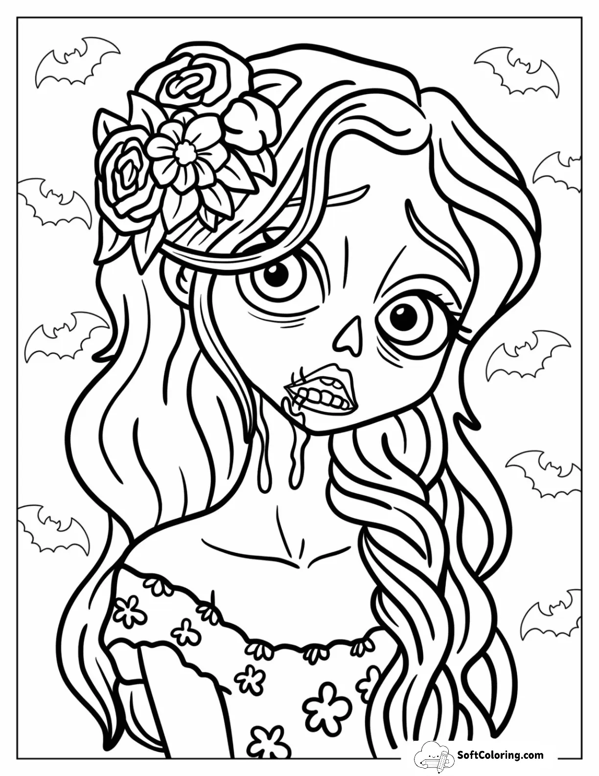 Pretty Zombie Coloring Page Of Bride With Flowers In Her Hair