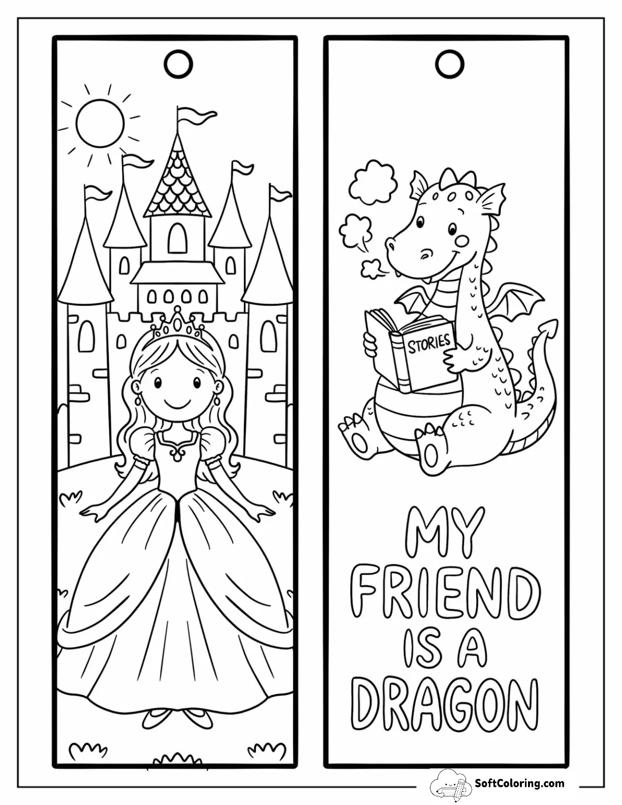 Princess By A Castle And Dragon Reading Stories Bookmark Coloring Page