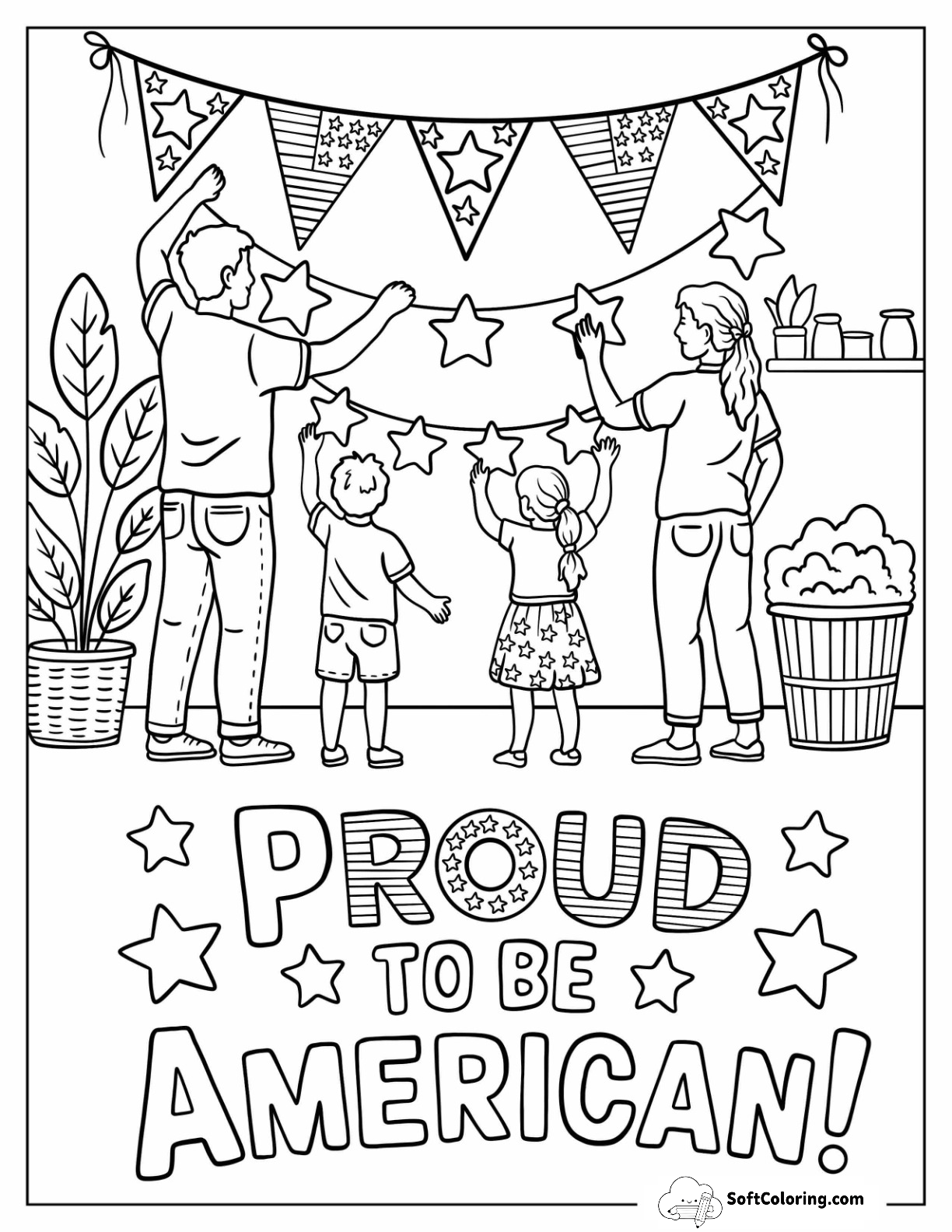 Proud To Be American Text With Family Hanging Up Banners