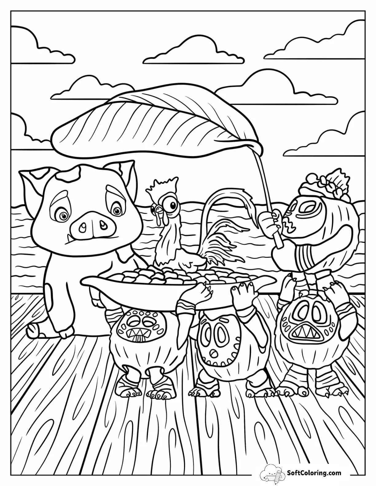 Moana Coloring Page Of Pua Watching The Kakamora Carry Heihei