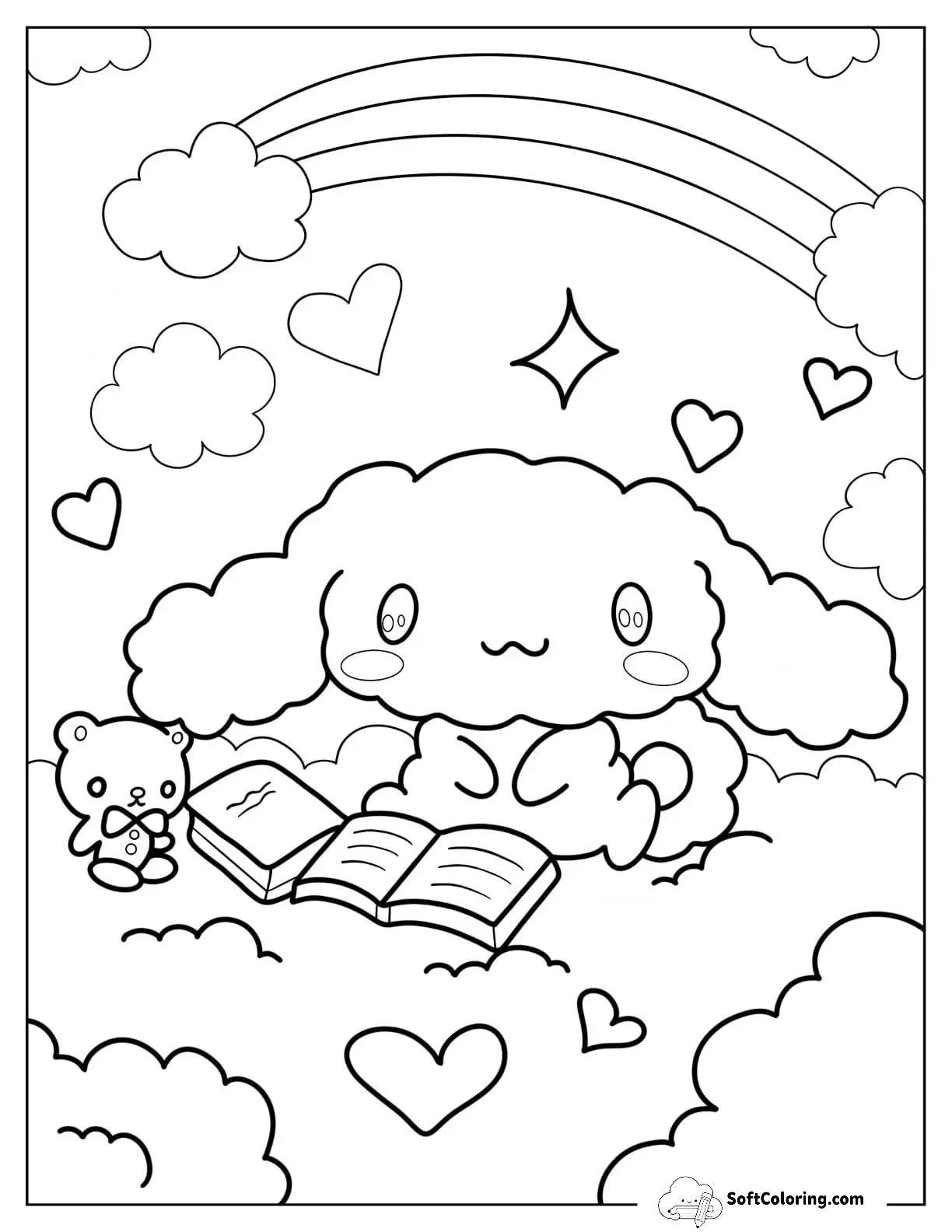 Puffy Cinnamoroll Coloring Page With Books On Clouds