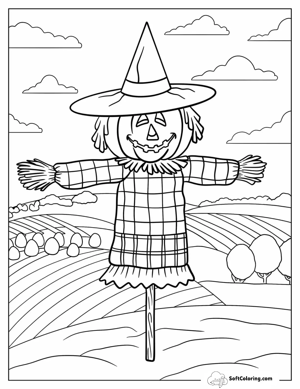 Pumpkin Head Scarecrow Coloring Page On A Vast Field
