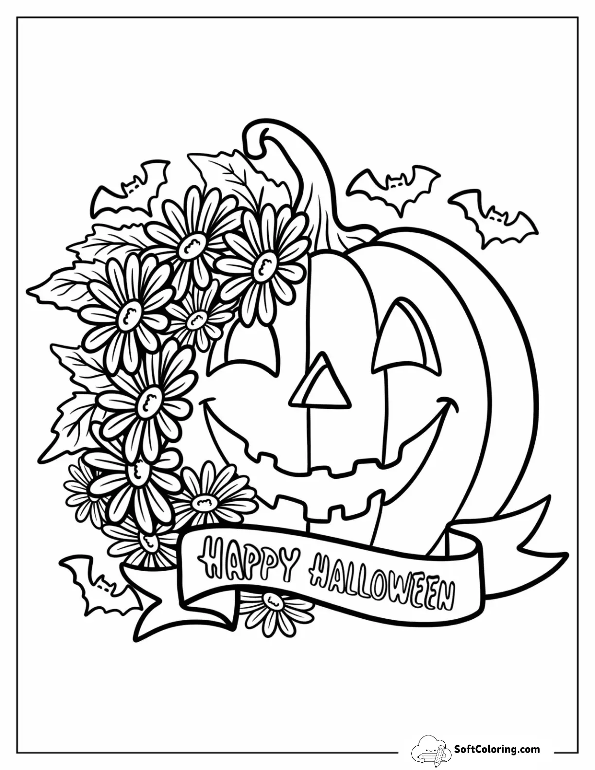 Pumpkin Surrounded By Daisies With Happy Halloween