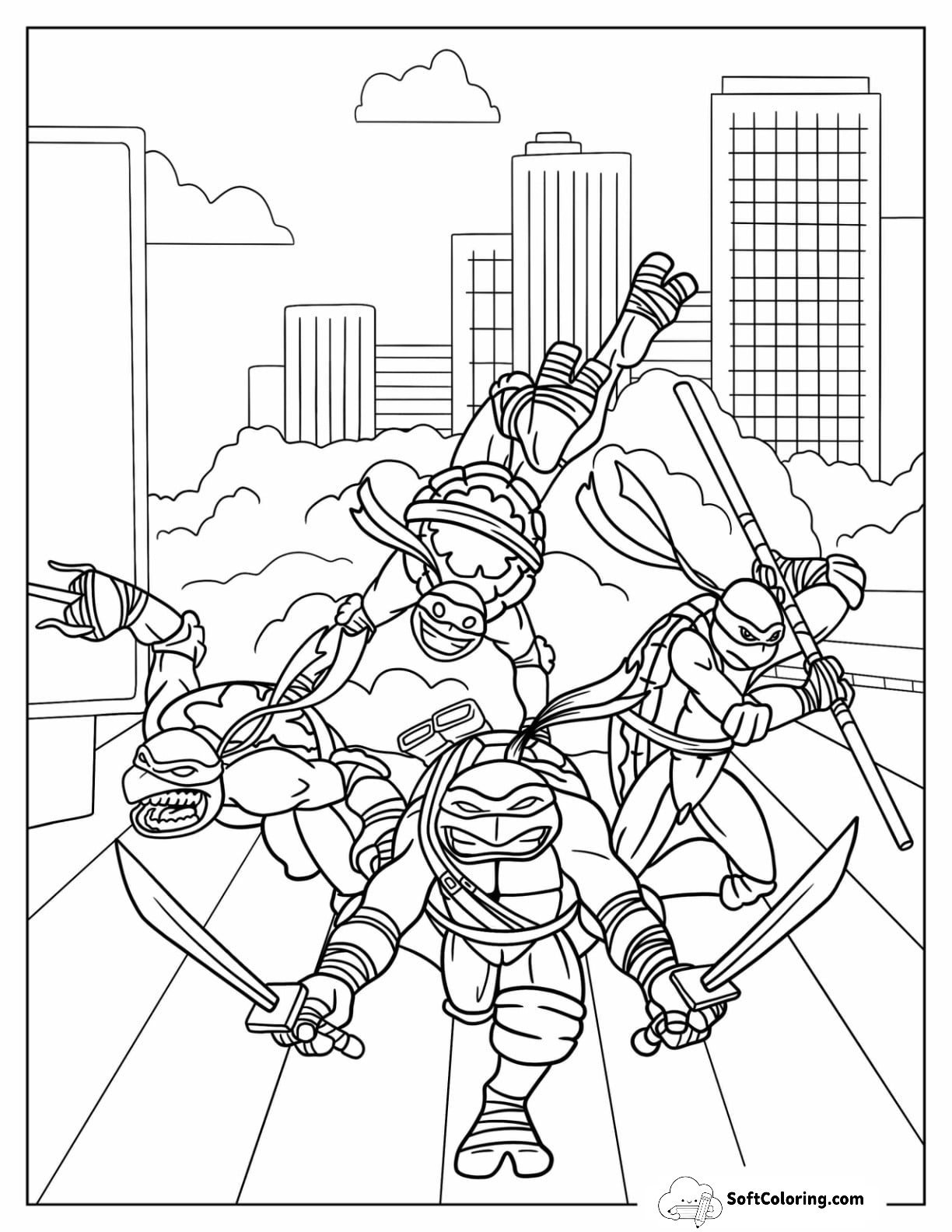 Raphael, Donatello, Michelangelo, And Leonardo Charging At Enemy