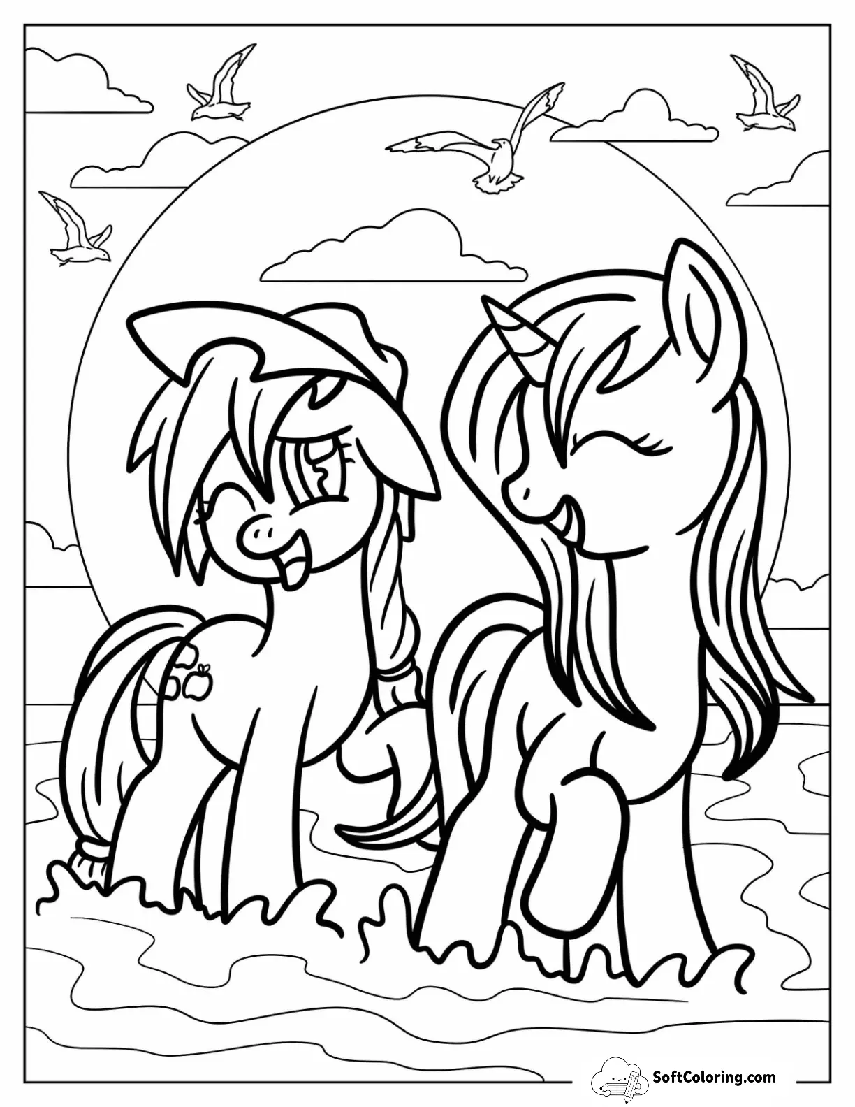 Rarity And Applejack Coloring Page Playing In The Water