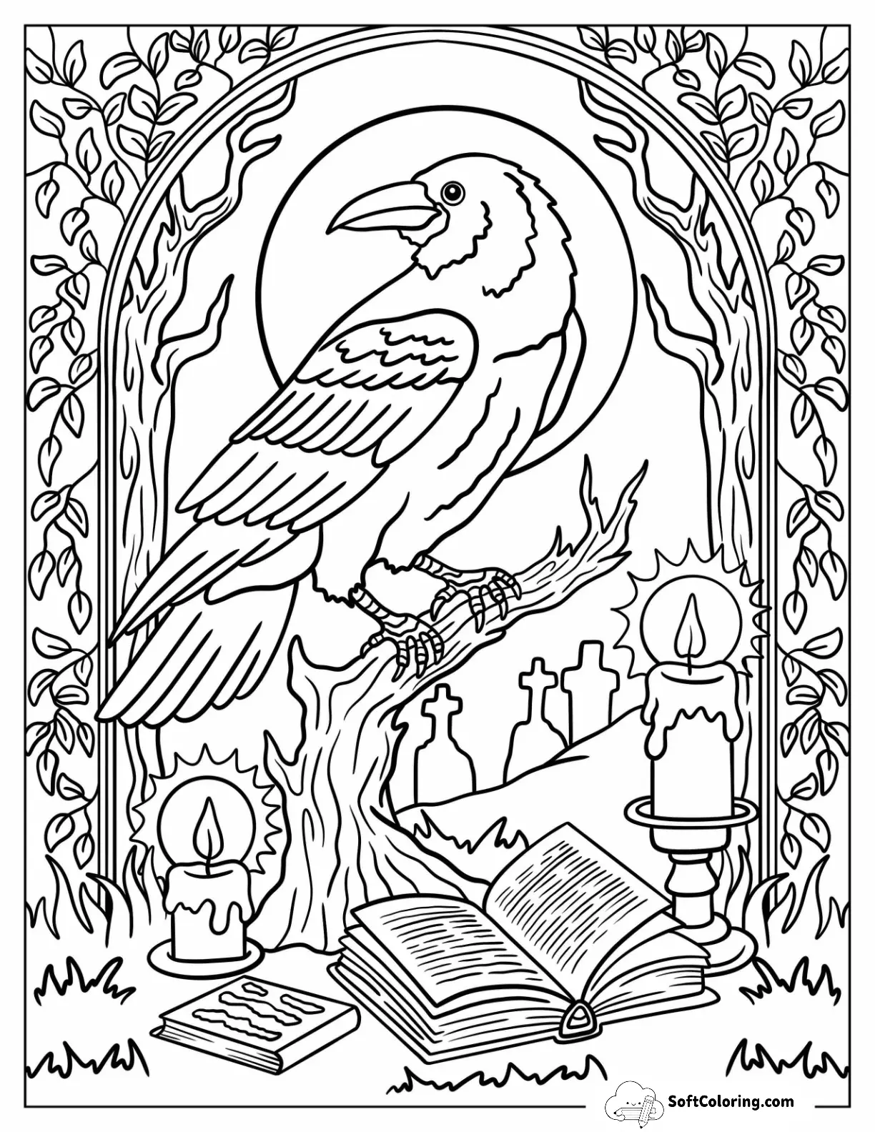 Halloween Of Raven Perched On A Branch With Candles And Spellbook In The Cemetery