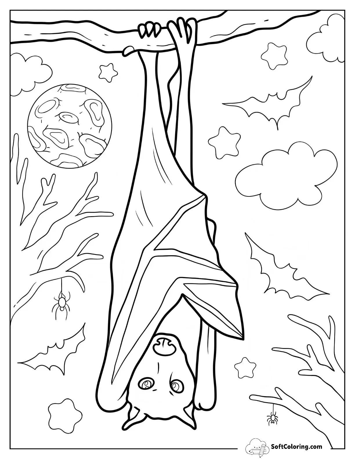 Realistic Bat Coloring Page Perched On Tree
