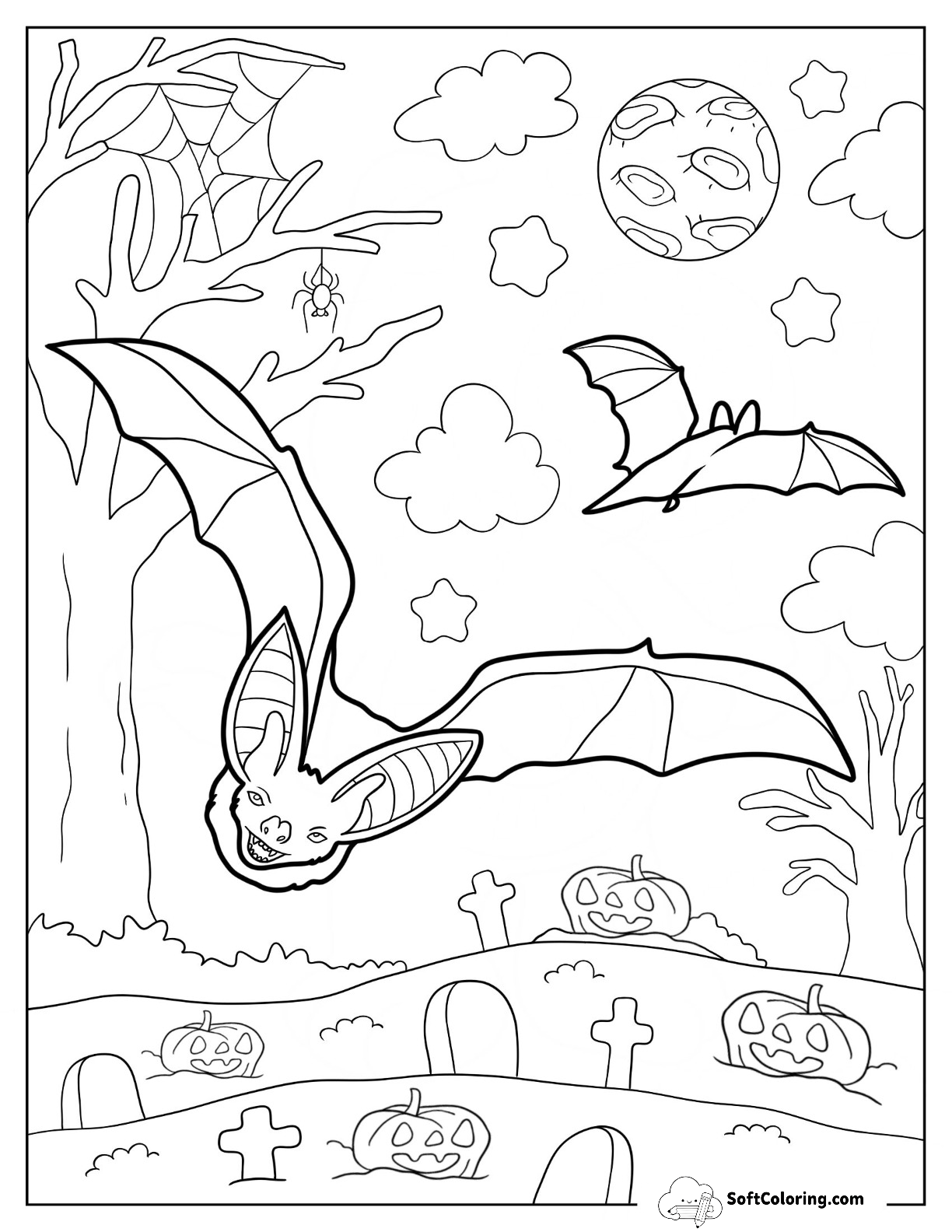 Realistic Bats Coloring Page Flying In Cemetery