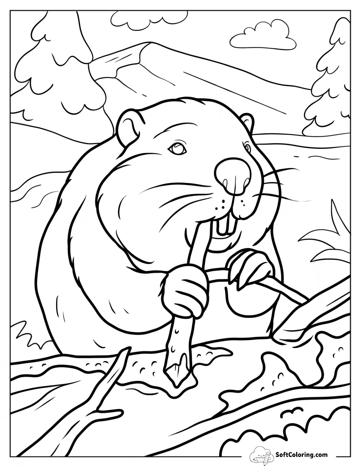 Realistic Beaver Coloring Page Chewing On Wood