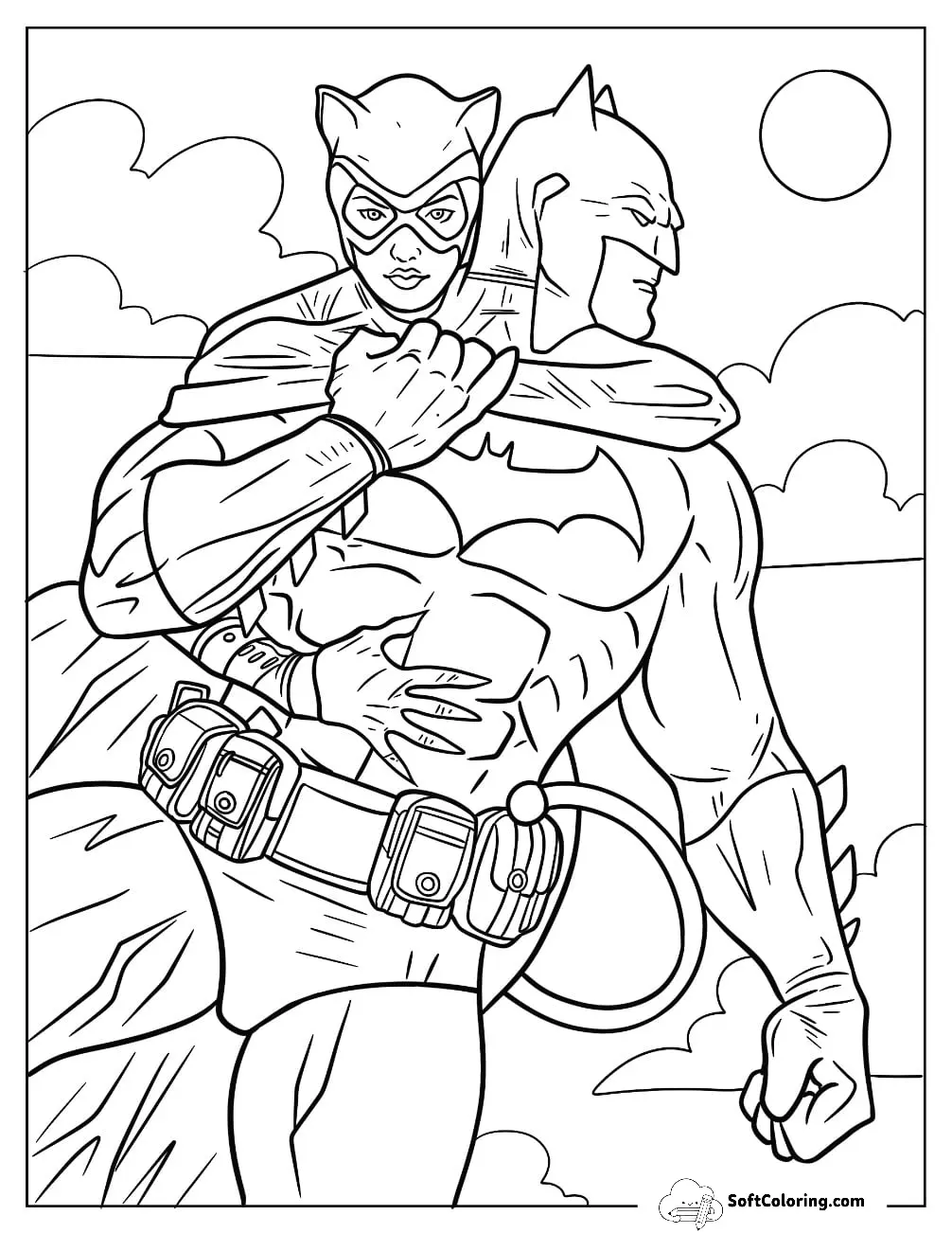 Realistic Catwoman Coloring Page Clinging To Batman