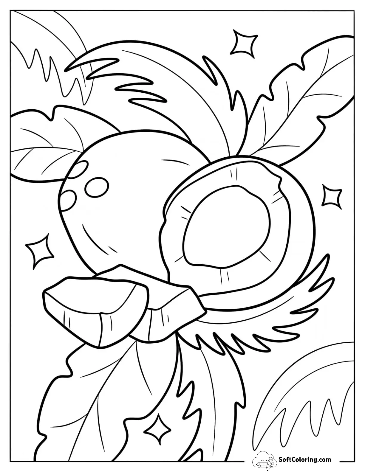 Realistic Coconut Coloring Page On Leaves