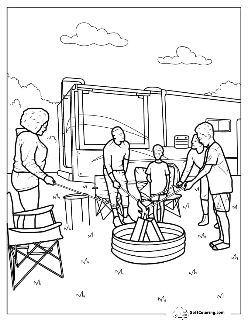 Realistic Coloring Page Of Campers Making S_Mores