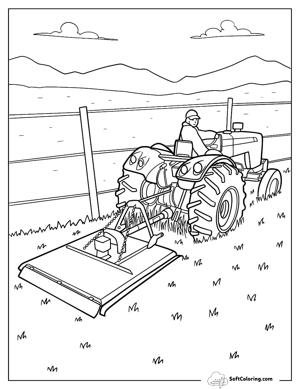 Realistic Farmer On Tractor Coloring Page Cutting Grass By The Fence