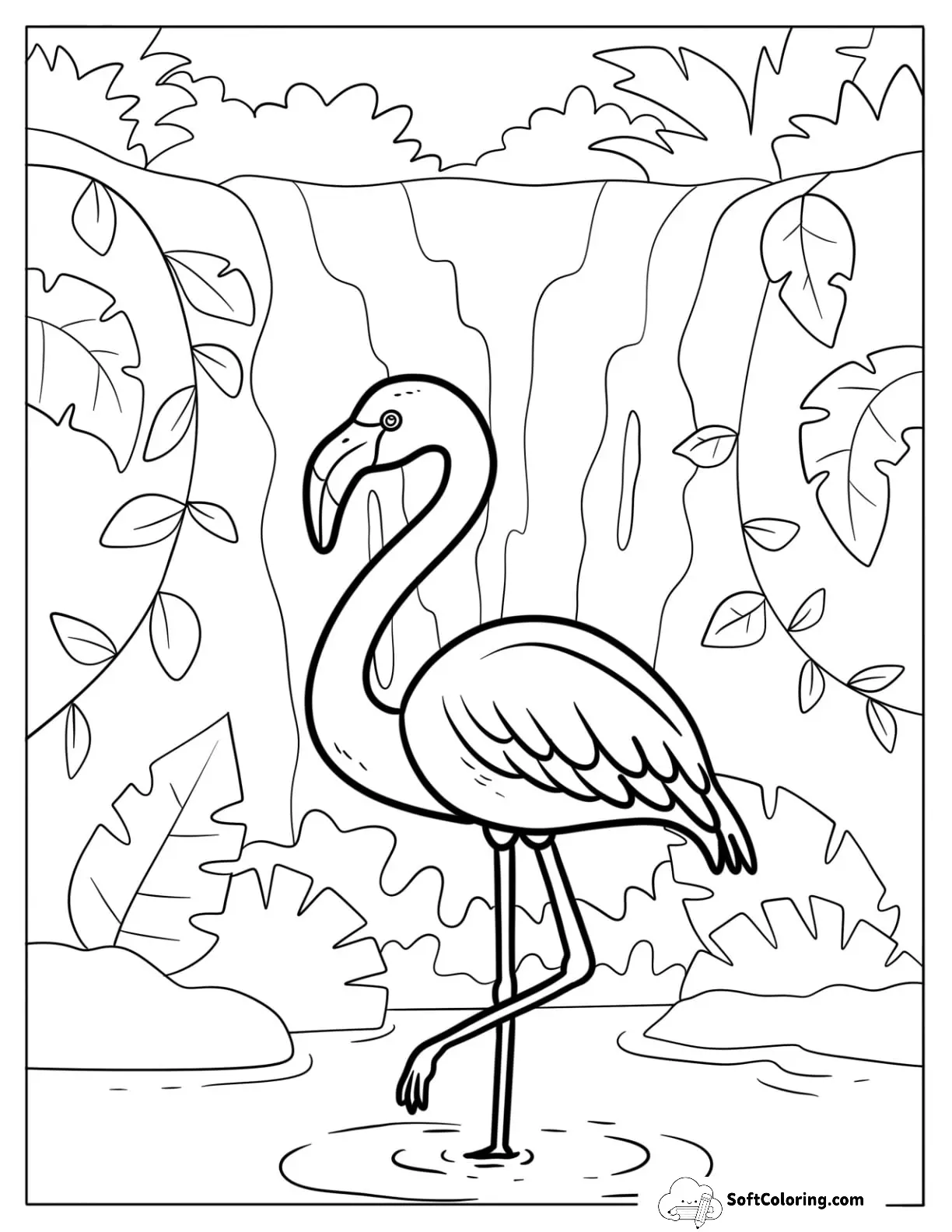Realistic Flamingo With Waterfalls In The Background