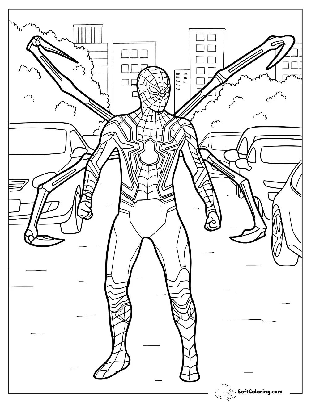 Realistic Iiron Spider-Man Coloring Page Surrounded By Cars