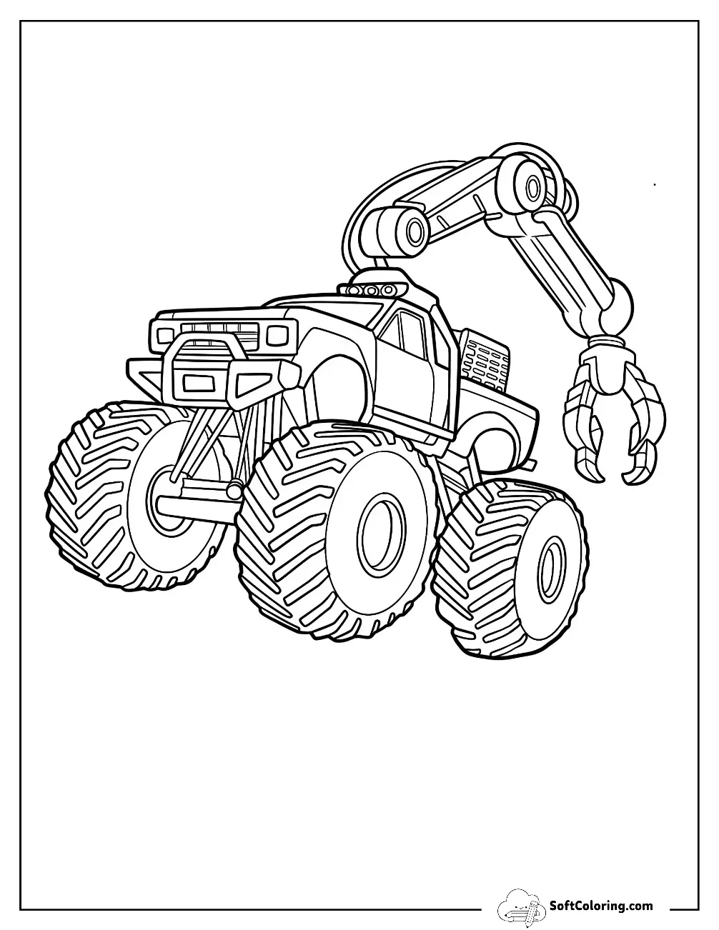 Realistic Monster Truck Coloring Page With Excavator Claw