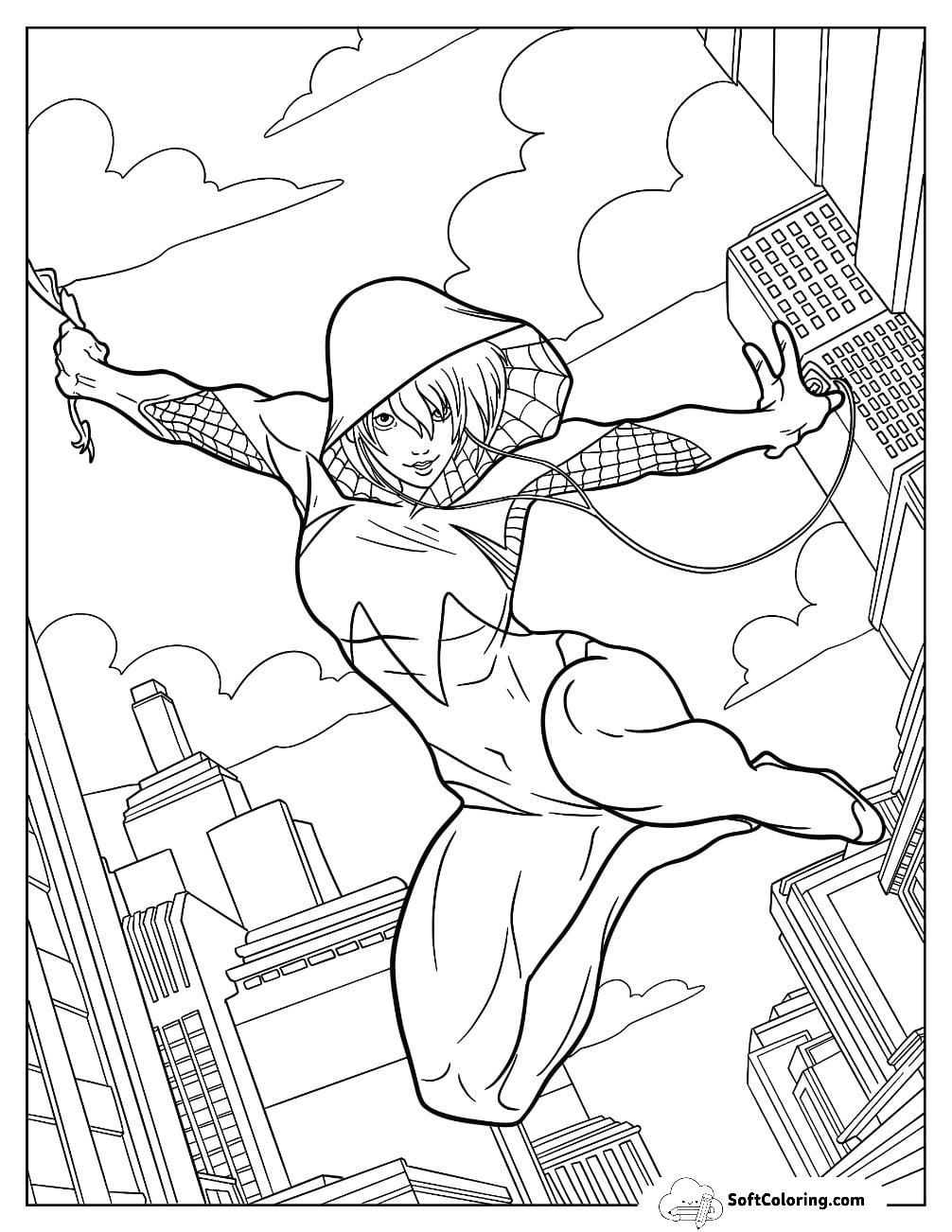 Realistic Spider-Gwen Coloring Page Swinging Across The City