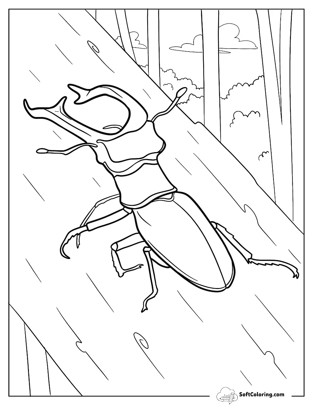 Realistic Stag Beetle Coloring Page On Log