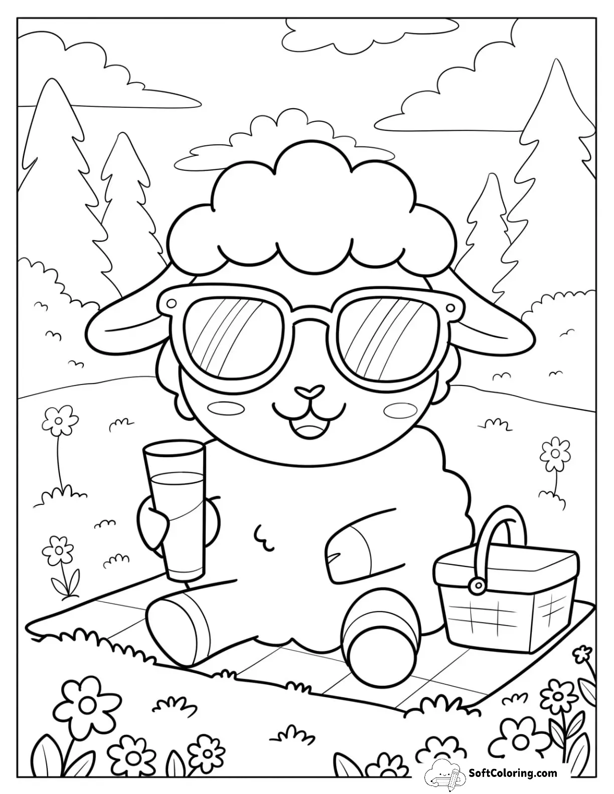 Relaxed Sheep Coloring Page Sipping Juice On A Sunny Day