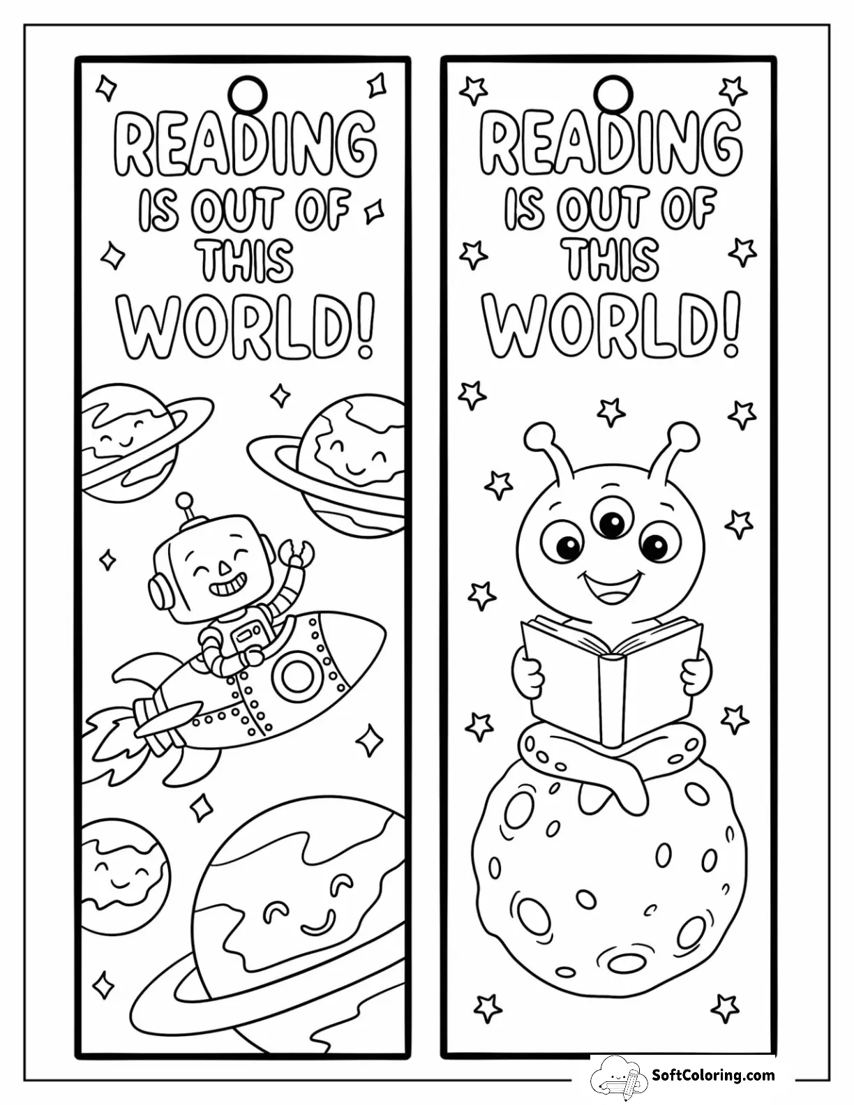 Robot In A Rocket And Alien Reading In Space Bookmark Coloring Page