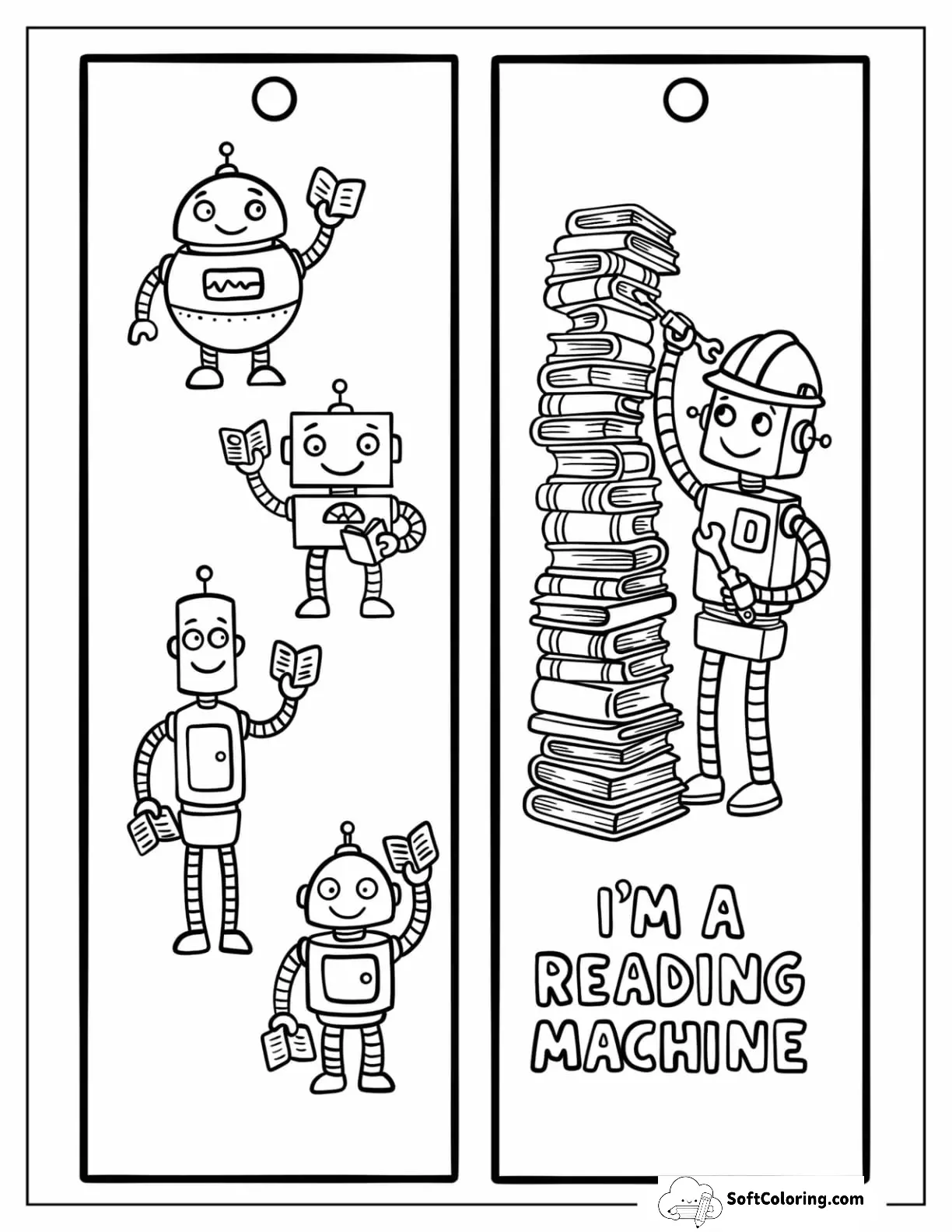 Robots Reading Books And Robot With Book Stack Bookmark Coloring Page