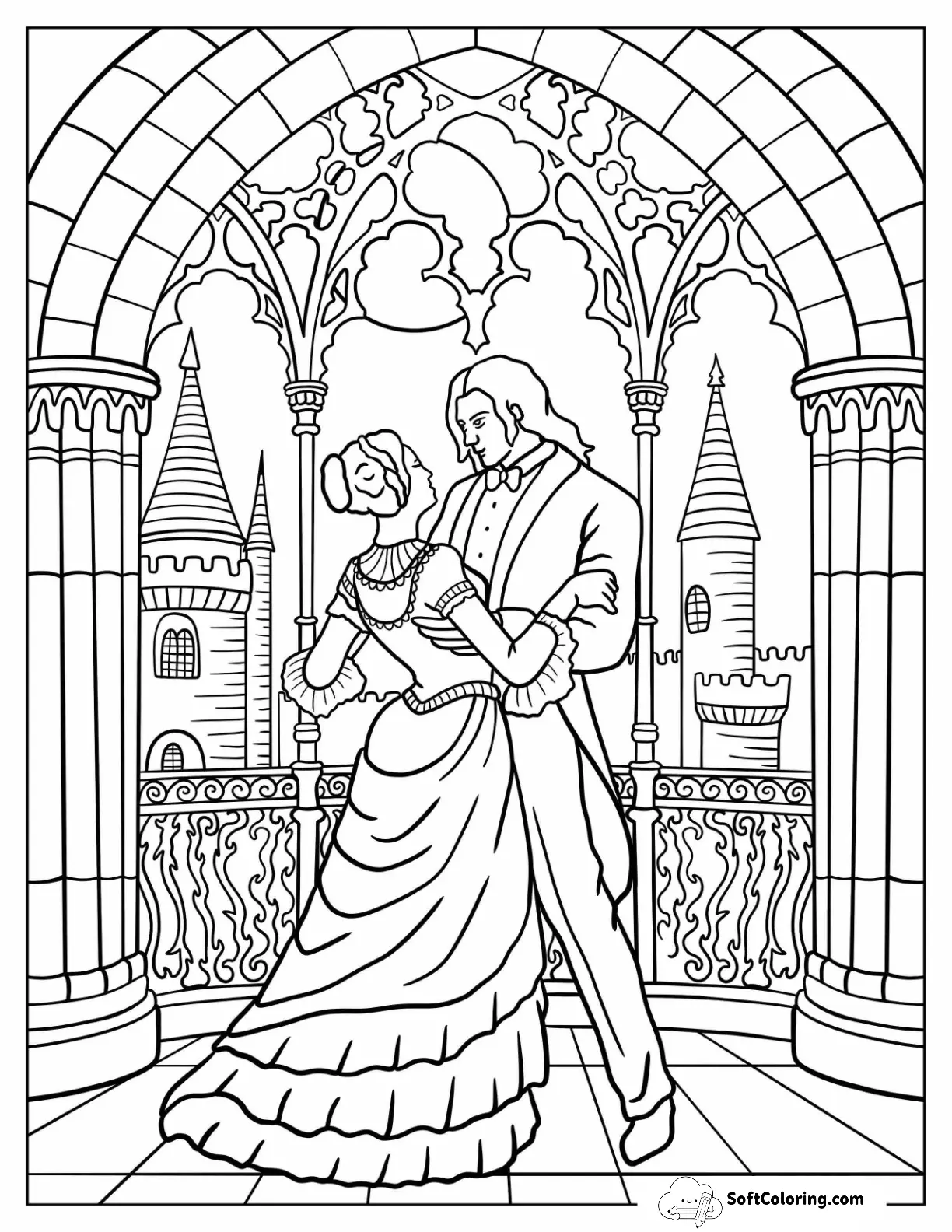 Romantic Vampire Coloring Page Couple In Gothic Castle