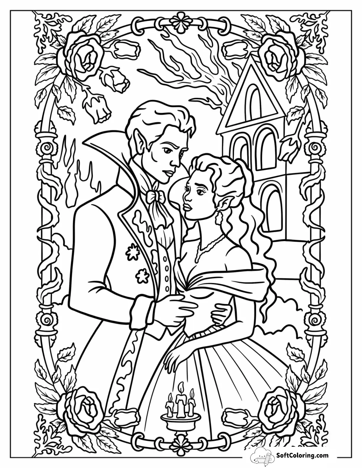 Romantic Vampire And Woman Embracing In Front Of A Gothic Castle Halloween