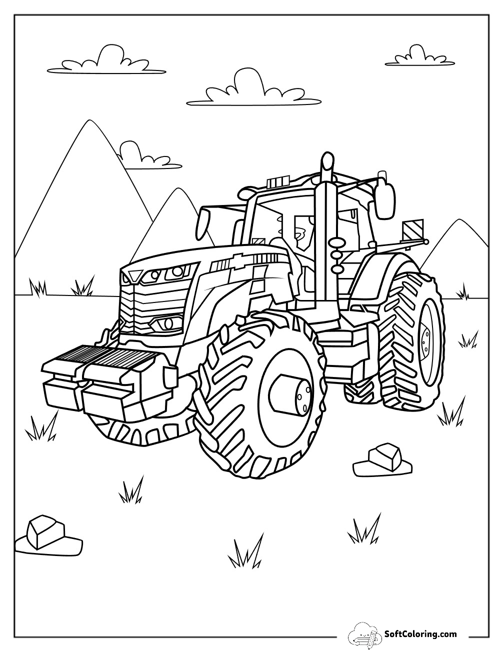 Rugged Farm Tractor Coloring Page In Mountain Landscape