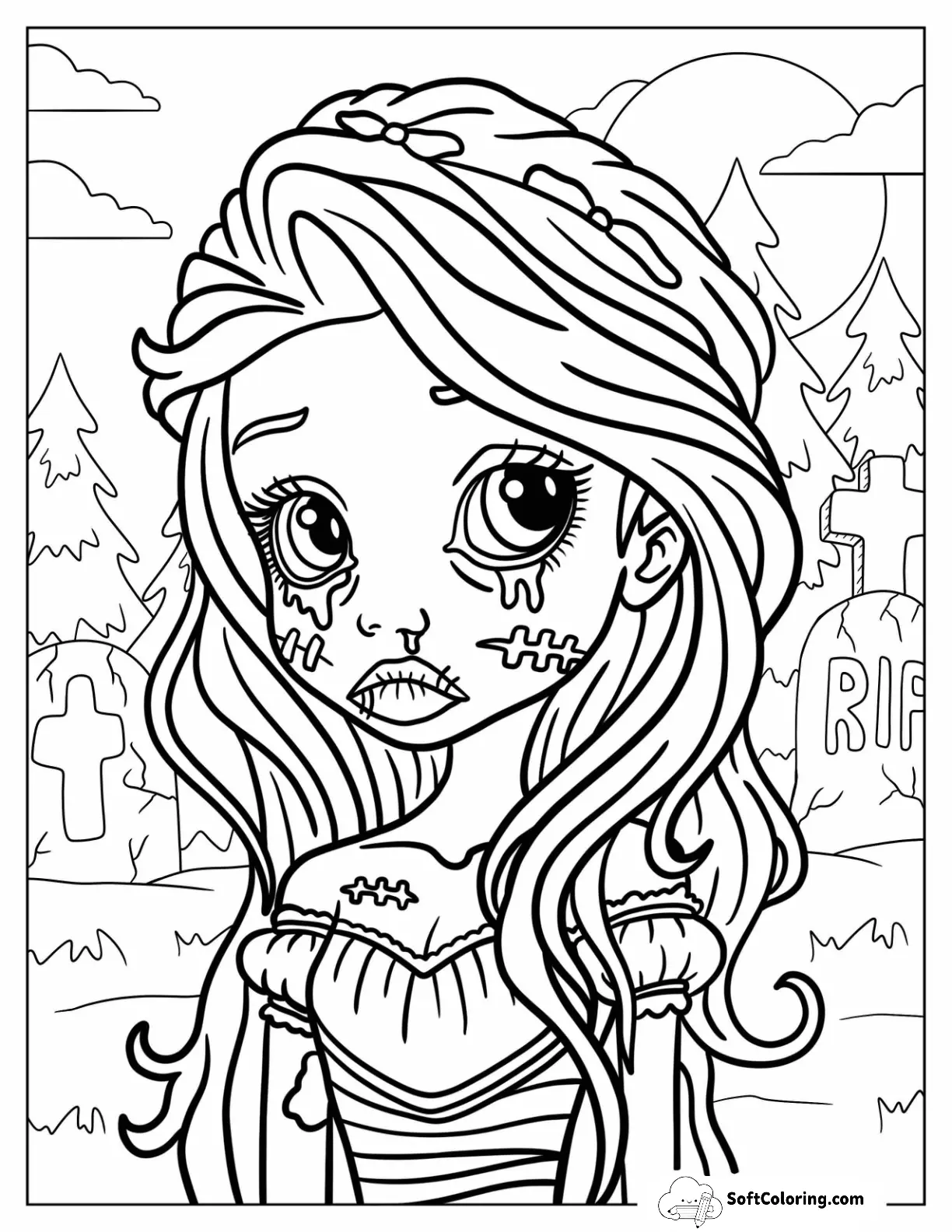 Sad Zombie Coloring Page Of Girl In A Pretty Dress