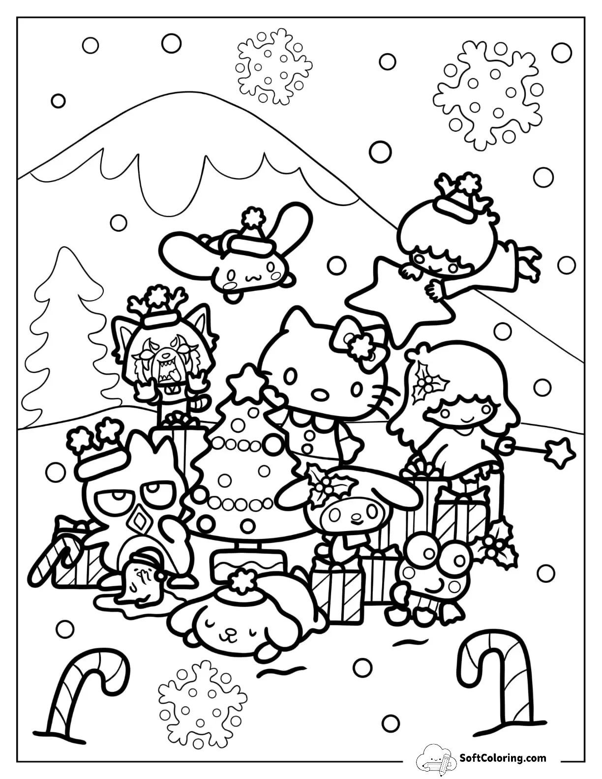 Sanrio Coloring Pages Of Friends Decorating Christmas Tree