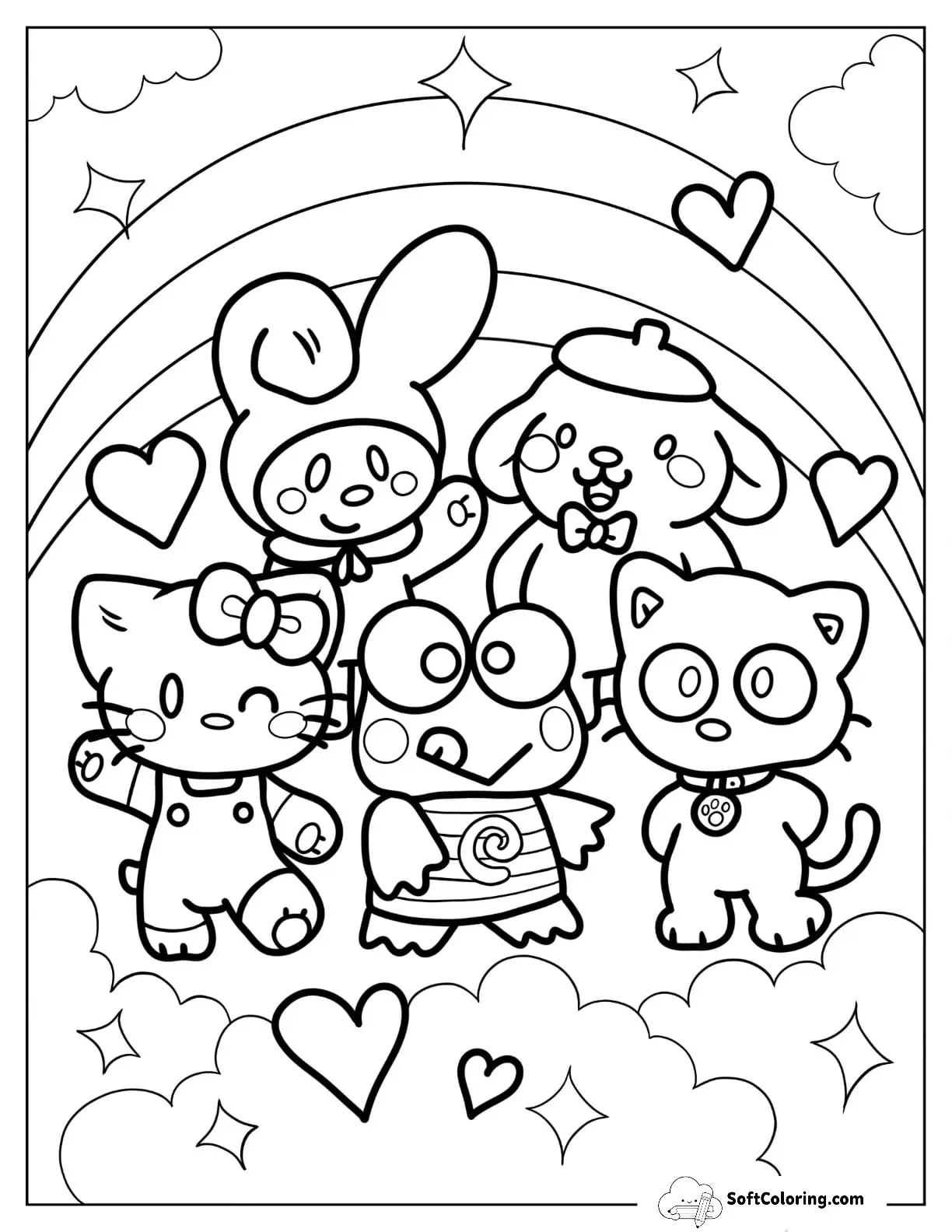 Sanrio Coloring Pages Of Friends In Front Of Rainbow