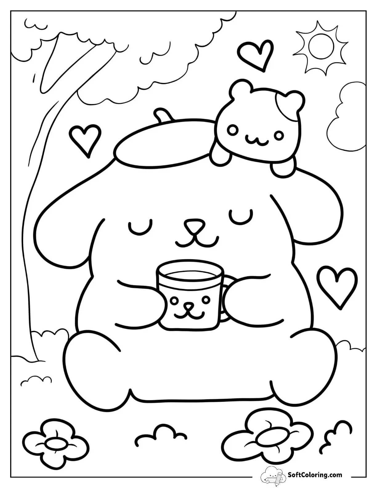 Sanrio Coloring Pages Of Pompompurin Drinking Tea With Muffin