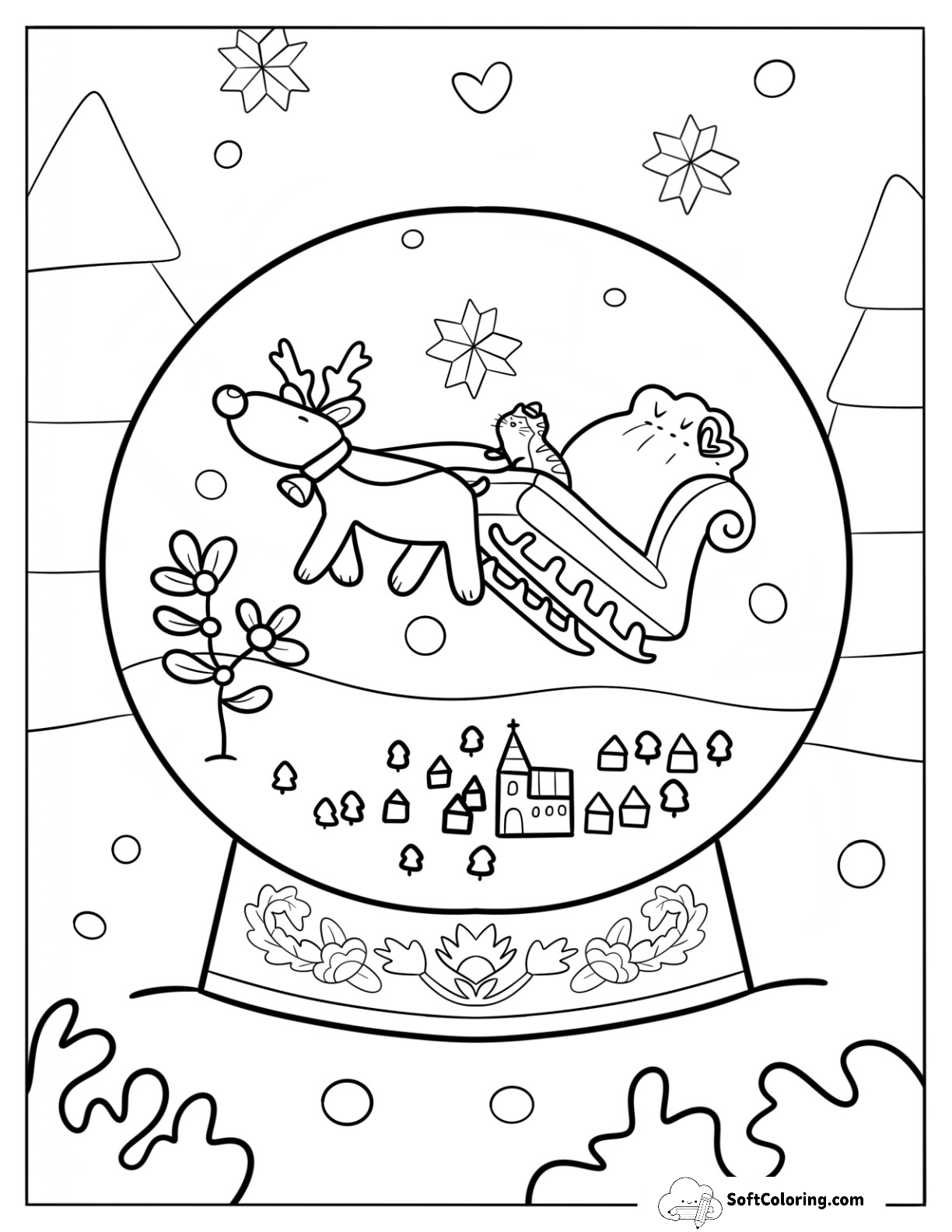 Santa Cat On A Sleigh Snow Globe Coloring Page