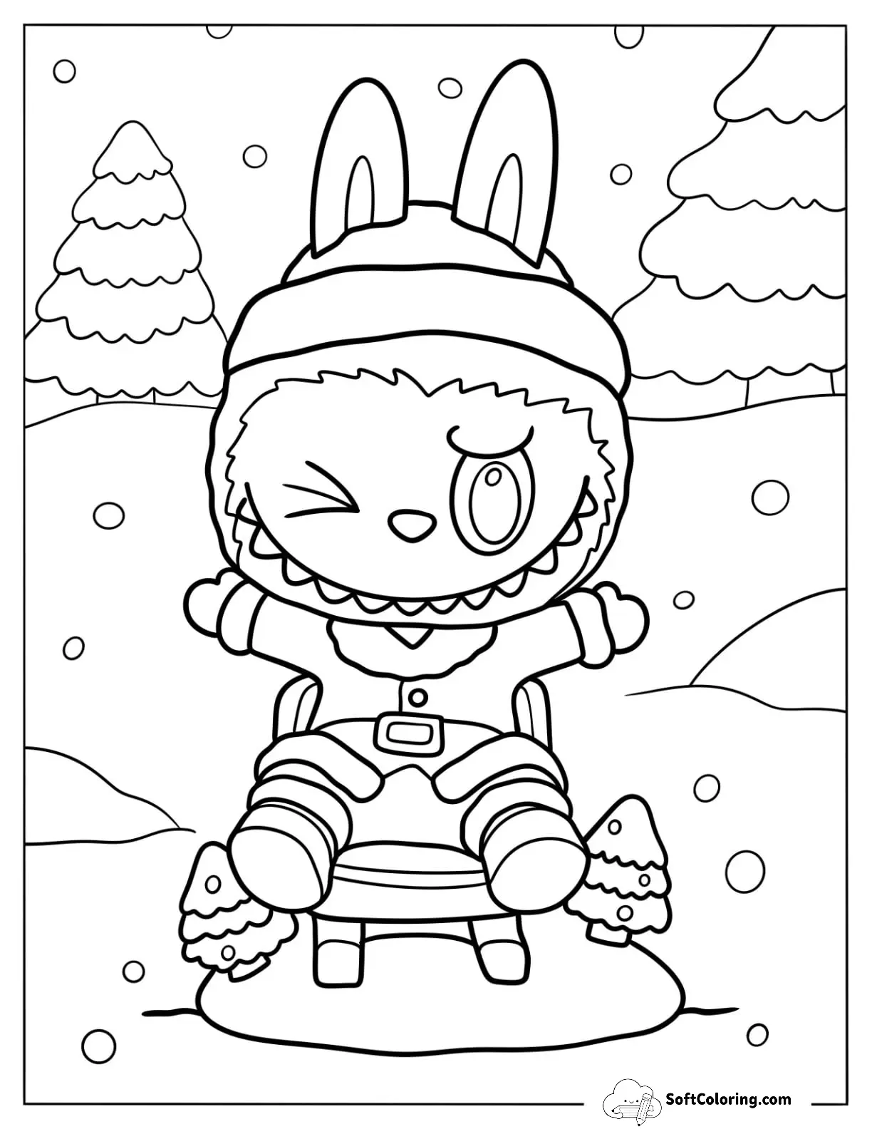 Santa Labubu Coloring Page Sitting In The Snow