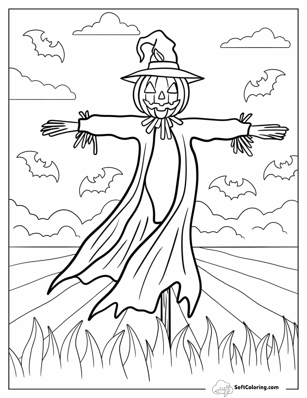 Scarecrow Coloring Page With Jack Lantern Head For Kids