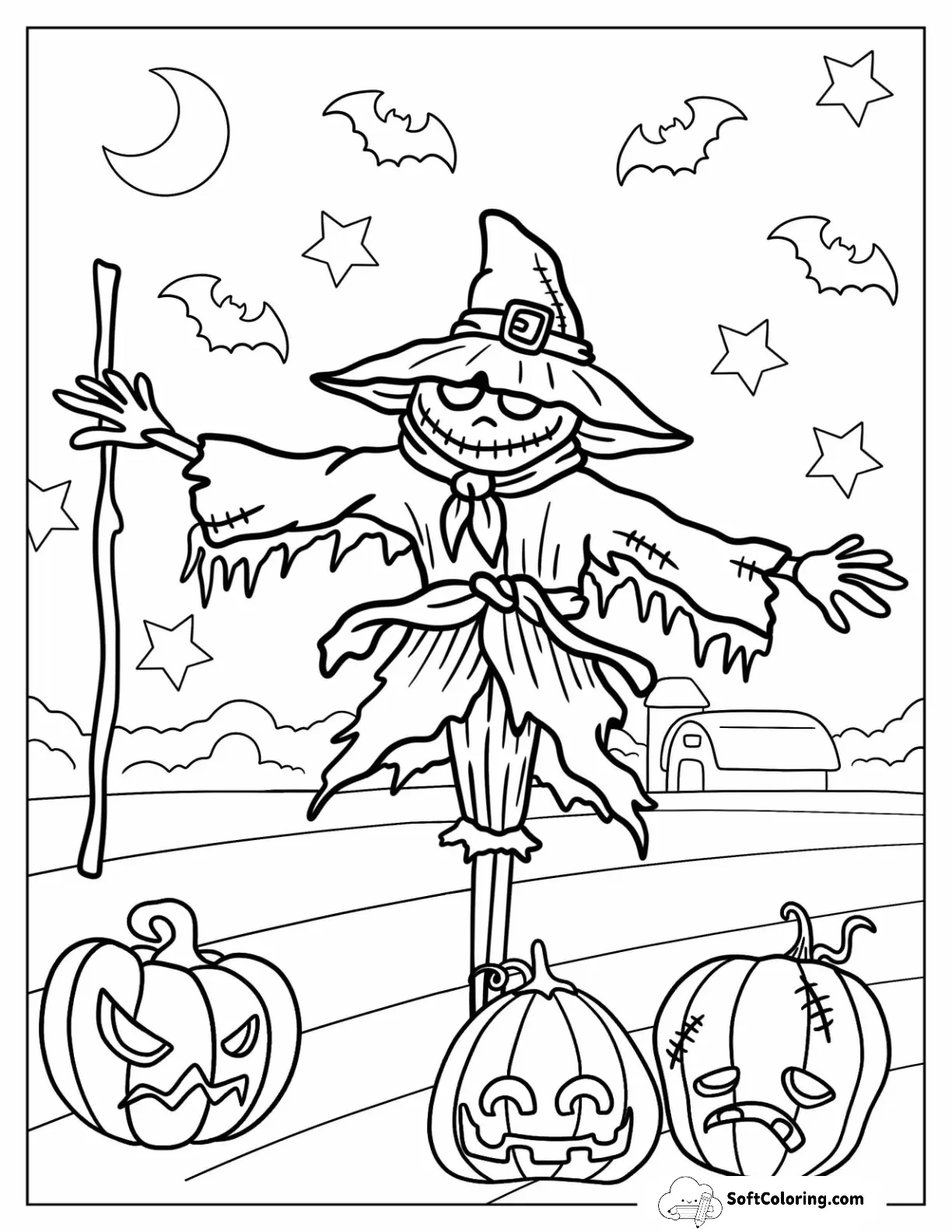 Scary Scarecrow Surrounded By Jack O Lanterns And Bats