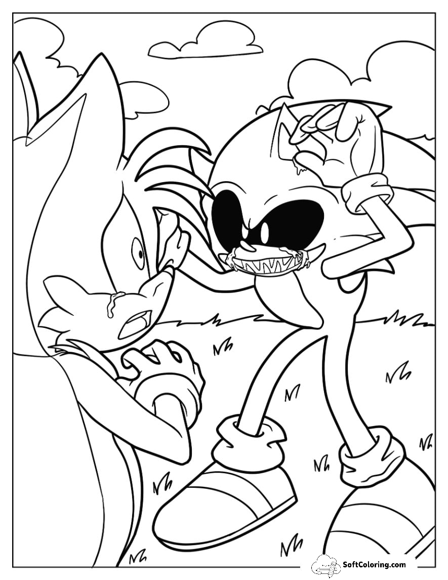 Scary Sonic Exe Coloring Page In Front Of Crying Tails