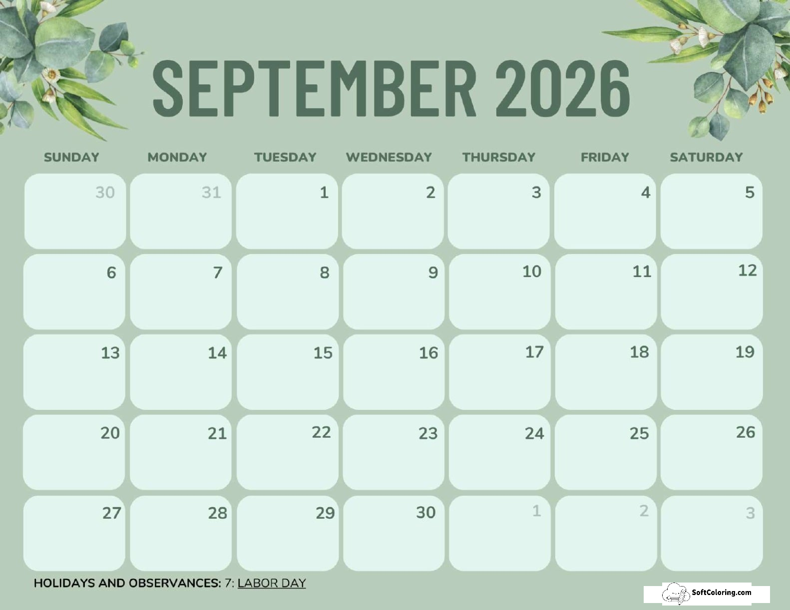 September 2025 Calendar Printable Green Landscape V2