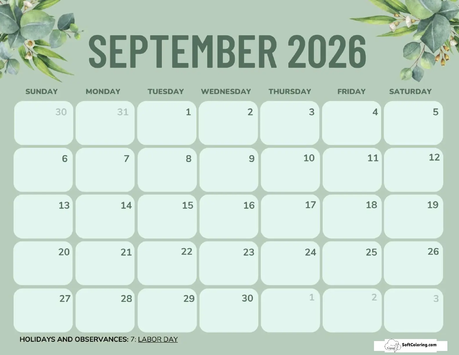 September 2025 Calendar Printable Green Landscape V2