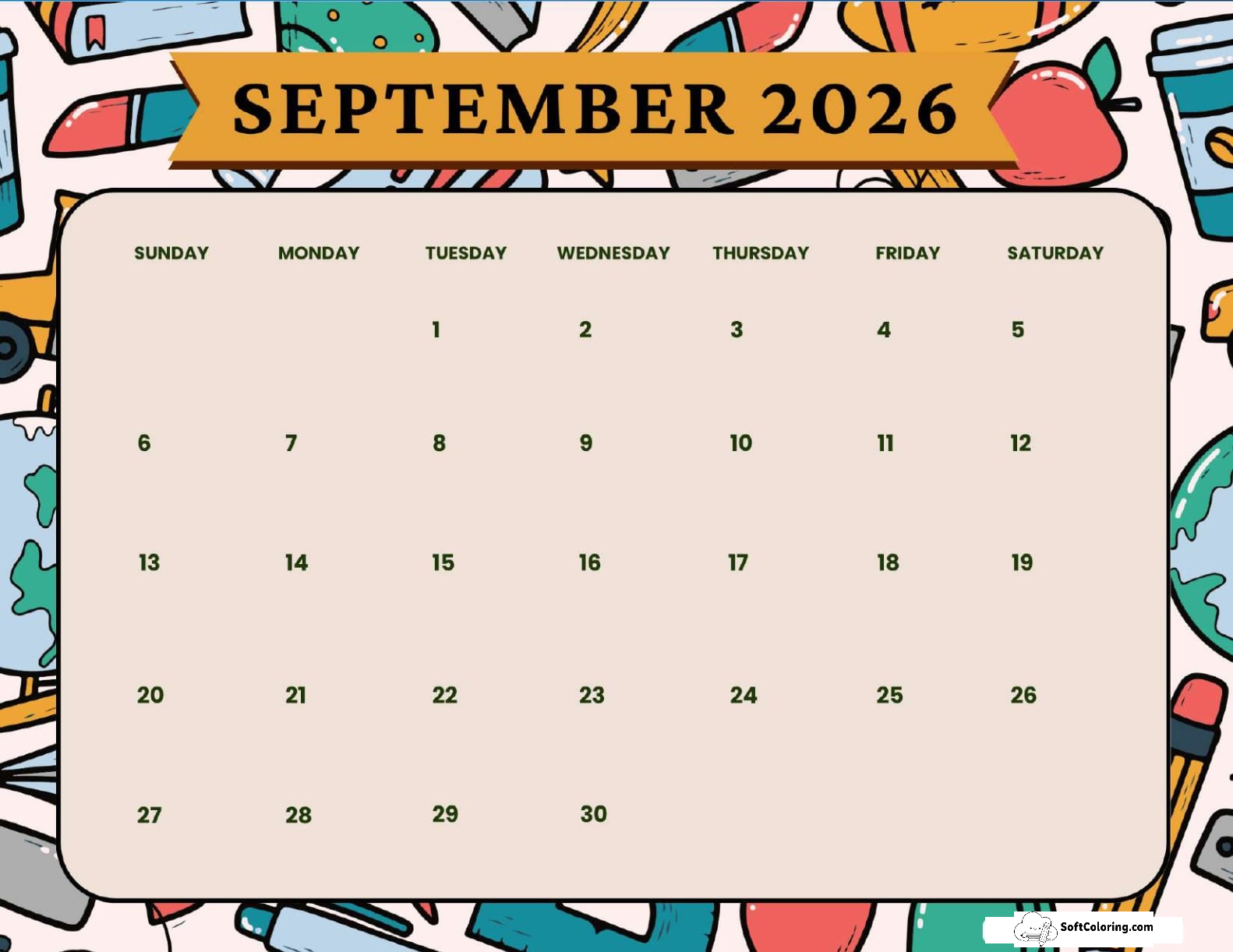 September 2026 Calendar Printable Academic Landscape V2