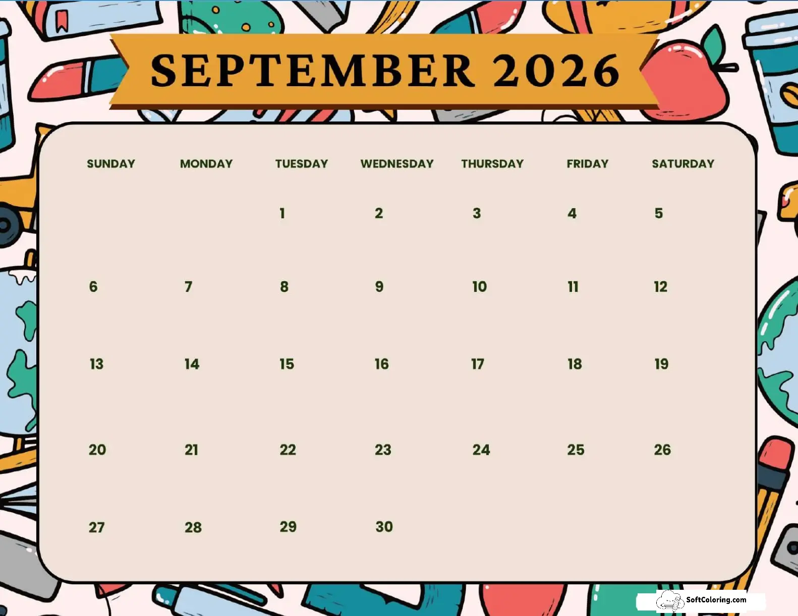 September 2026 Calendar Printable Academic Landscape V2