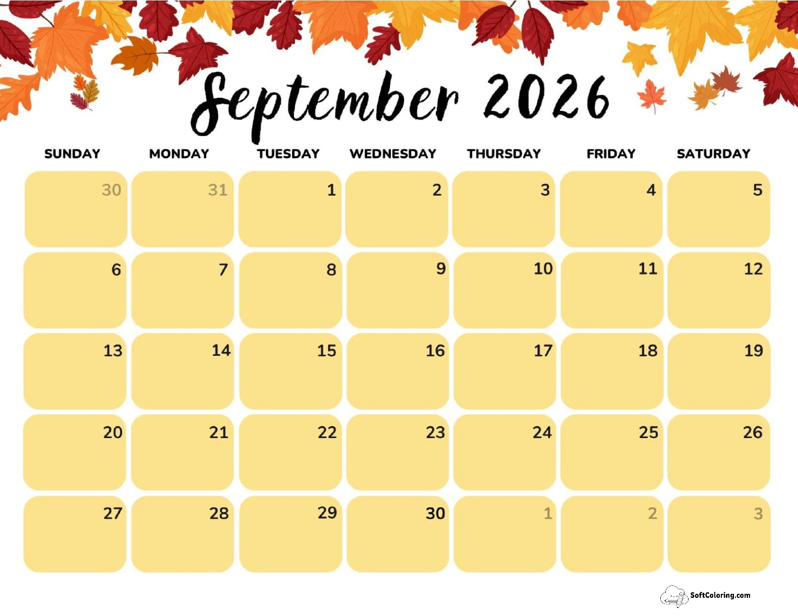 September 2026 Calendar Printable Autumn Leaves Landscape V2
