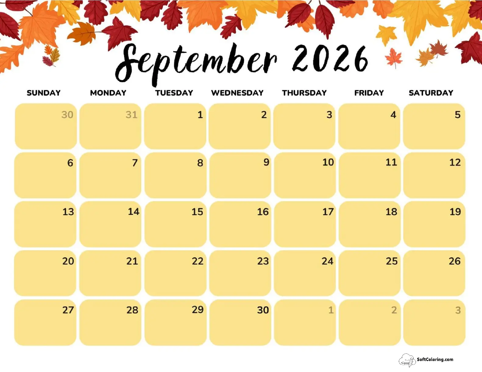 September 2026 Calendar Printable Autumn Leaves Landscape V2