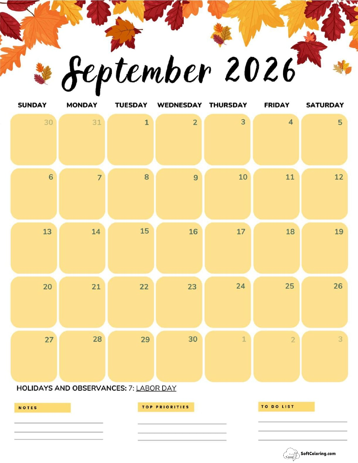 September 2026 Calendar Printable Autumn Leaves Portrait V2